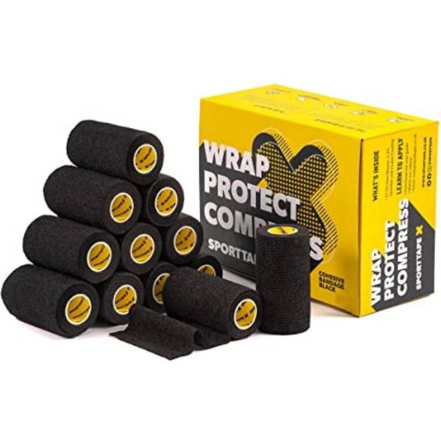 12 Rolls SPORTTAPE Cohesive Bandage Self Adherent Vet Wrap 75CM x 45M Black Football Sock Wrap Shin Guard Tape for Wrist Ankle Sprains Swelling