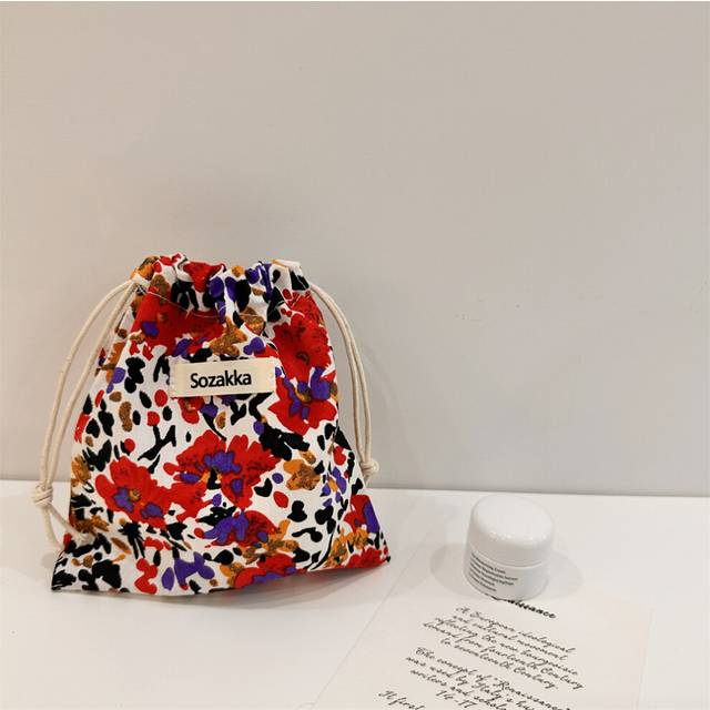 (Variegated) Makeup Compact Fashionable Bag With Drawstring Closure Soft Canvas Material