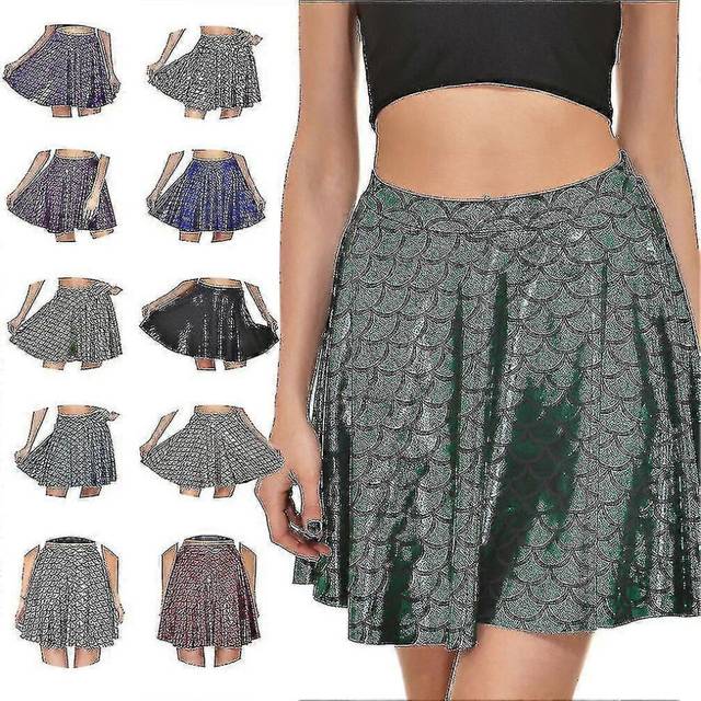 (L, Blue) Mermaid Skirts Sparkly Flared Pleated Mini Skirt