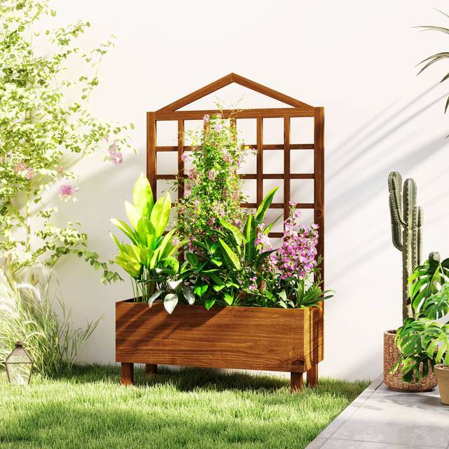 Raised Garden Bed with Trellis - Brown (150cm H X 90cm W X 43cm D)