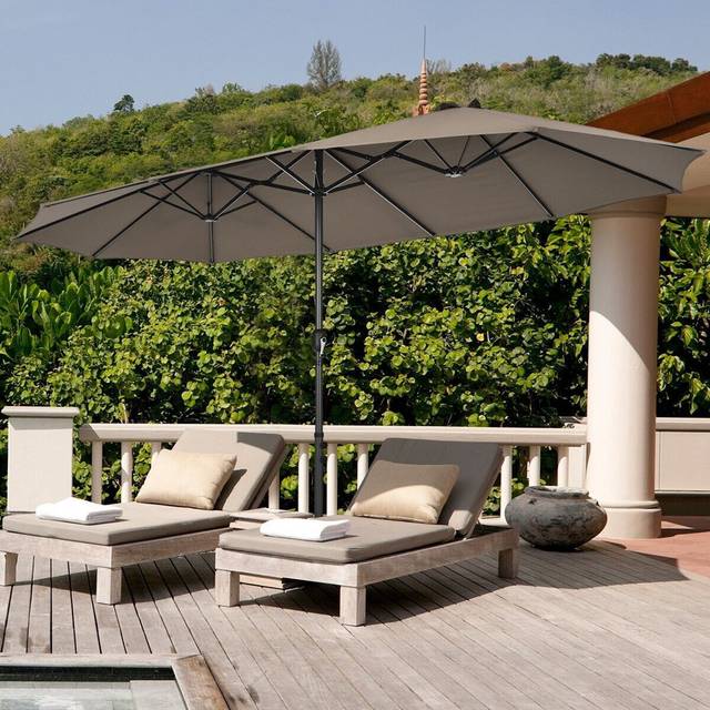4.5M Double-Sided Parasol W/Base And Crank Outdoor Twin Large Patio Umbrella - Brown (247cm H x 460cm W x 270cm D)