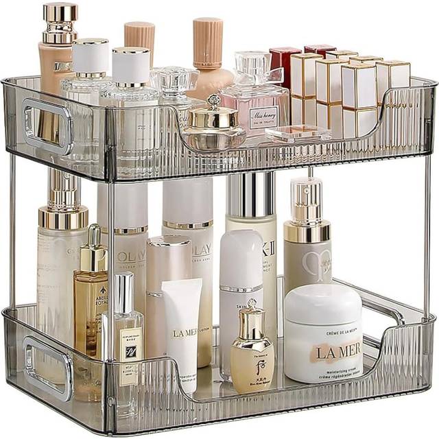 2-Tier Bathroom Counter Organizer, Vanity Tray, Cosmetic & Skincare Storage Shelf. - Grey (26.5cm H X 33.5cm W X 8.6cm D)