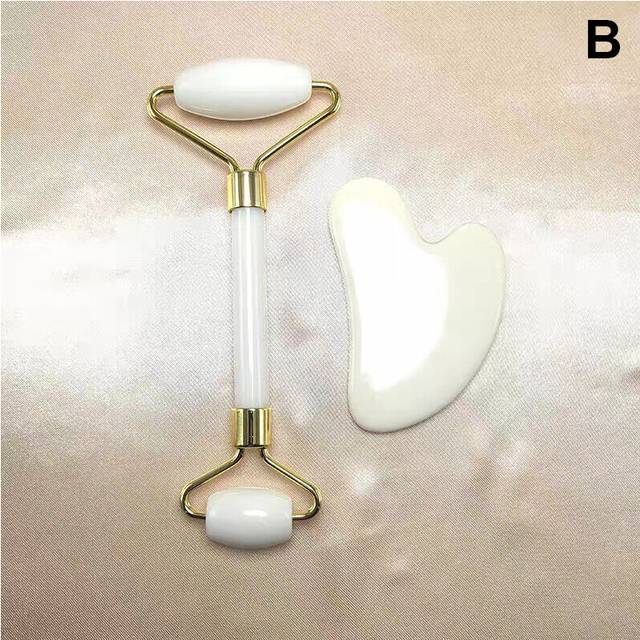 (a-Silver) Double Heads Jade Stone Face Lift Body Slim Neck Thin Lift Massage Tool Handmade Facial Massage Roller Guasha Scraping Board Set