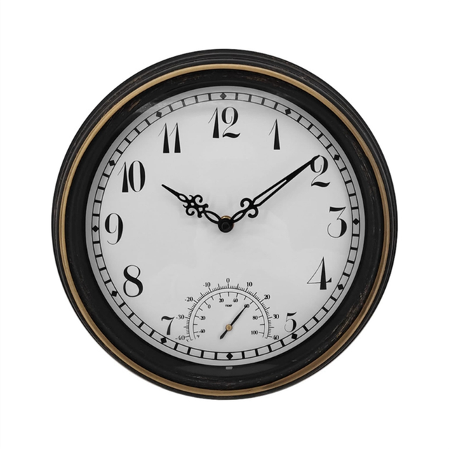 Outdoor Waterproof Wall Clock with Thermometer IP44 Vintage Round Garden Decor Clock 12 Inch Outdoor Clock