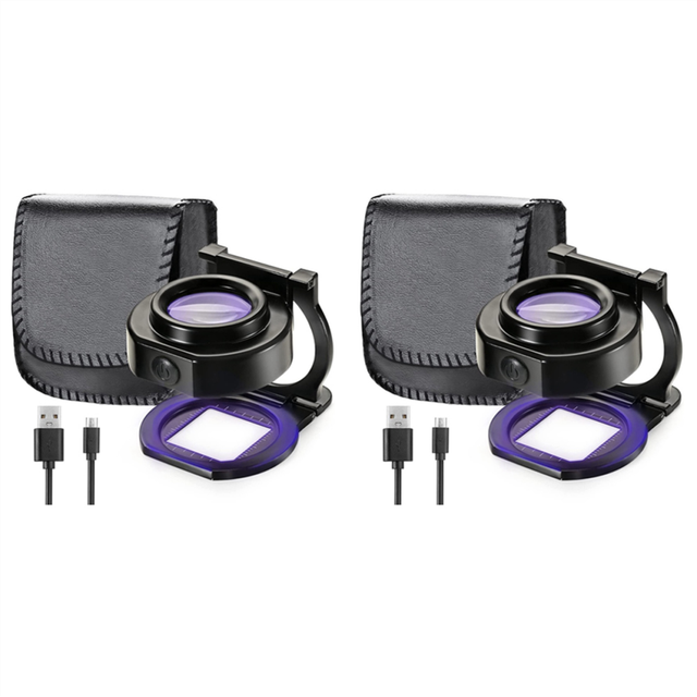 2Pcs 25X Loupe Magnifier with 6 Light, USB Three-Folding Desktop Portable Metal Eye Scale Sewing Magnifying Glass