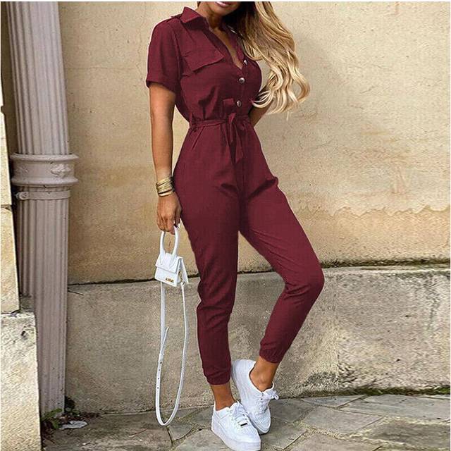(Wind Red, XXL=UK SIZE 14) Womens Belted Jumpsuits Playsuit Ladies Cargo Trousers Stripes Tie Waist Rompers