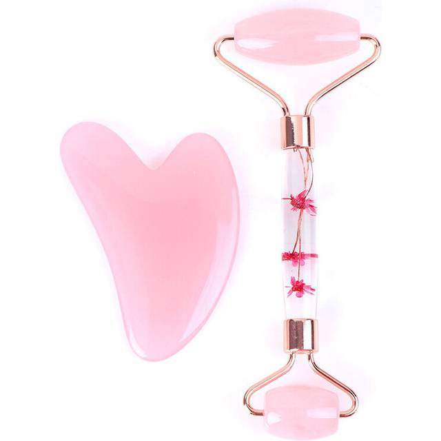 (a-Red) Double Heads Jade Stone Face Lift Body Slim Neck Thin Lift Massage Tool Handmade Facial Massage Roller Guasha Scraping Board Set