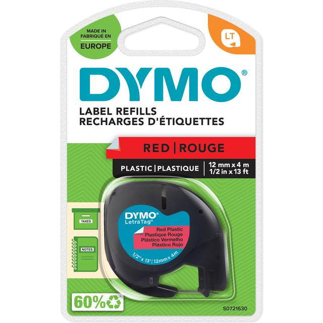 Dymo 91203 12mmx4m Black On Red Plastic Tape