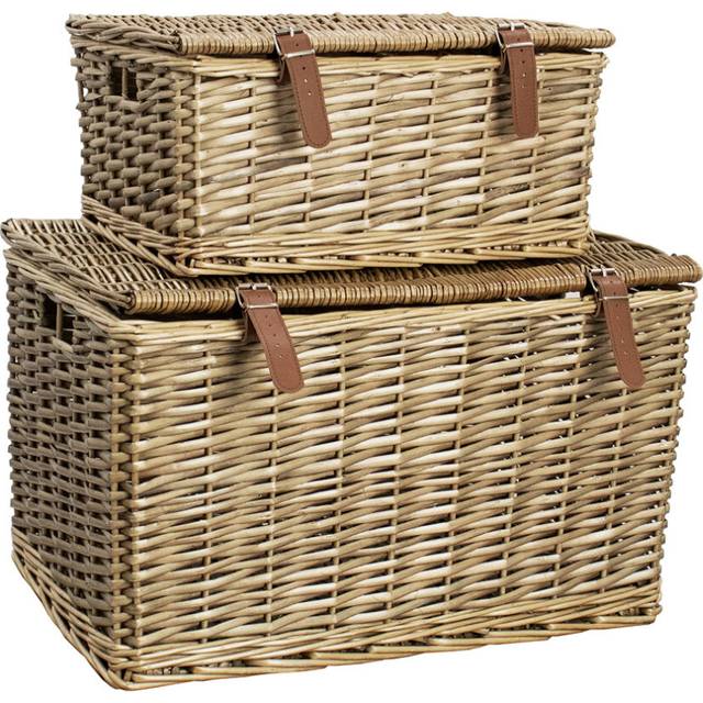 JVL Handmade Buff Wicker Hampers with Faux Leather Straps, Set of 2 - Brown