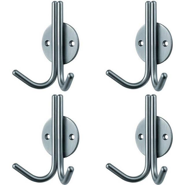 4x Slimline Double Coat Hook on Round Rose 35mm Projection Satin Stainless Steel