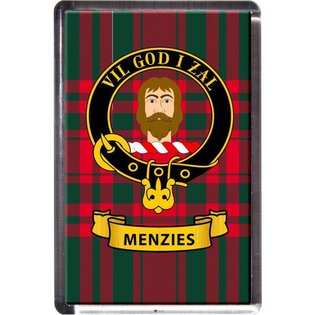 Menzies Tartan Fridge Magnet with Scottish Clan Crest on Clear Acrylic Rectangular Base