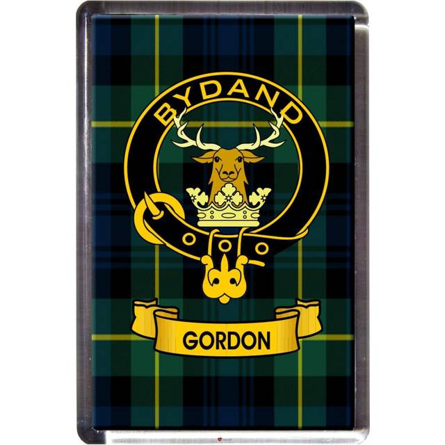 Gordon Tartan Fridge Magnet with Scottish Clan Crest on Clear Acrylic Rectangular Base