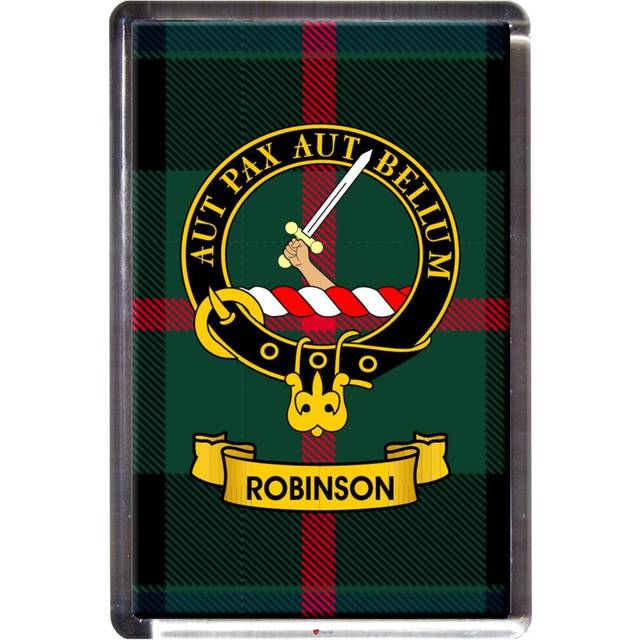 Robinson Tartan Fridge Magnet with Scottish Clan Crest on Clear Acrylic Rectangular Base