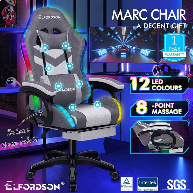 Gaming Office Chair with rgb led Light 8-Point Massage, Fabric Linen, Grey - Elfordson
