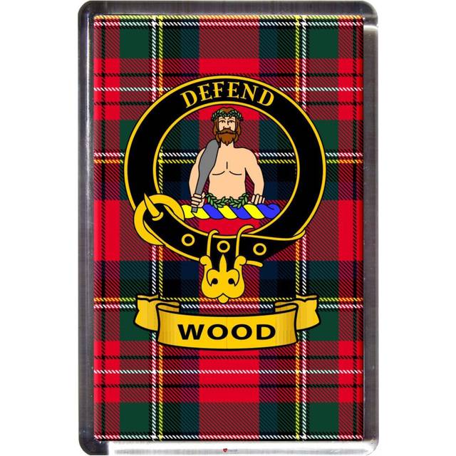 Wood Tartan Fridge Magnet with Scottish Clan Crest on Clear Acrylic Rectangular Base