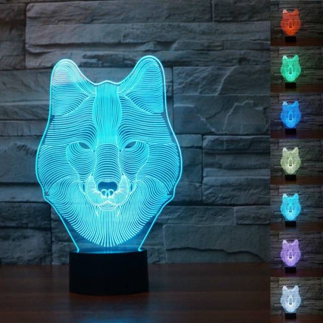 3D Animal Wolf Head Night Light Touch Table Desk Optical Illusion Lamps 7 Color Changing Lights Home Decoration Birthday Gift