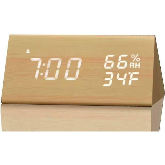 Digital Alarm Clock, Wooden Electronic LED Time Display, Humidity and Temperature Detection
