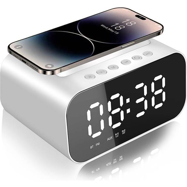 Chronus Alarm clock radio with wireless charging station, with mirror, Bluetooth, dual alarm, temperature, 3 brightness levels, 16 volume