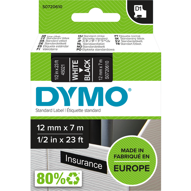 Dymo S0720610 | 45021 | vit text - svart tejp | 12mm (original)