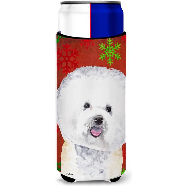 Caroline's Treasures SC9402MUK Bichon Frise Red and Green Snowflakes Holiday Christmas Ultra Hugger for slim cans Can Cooler Sleeve Hugger Machine Was
