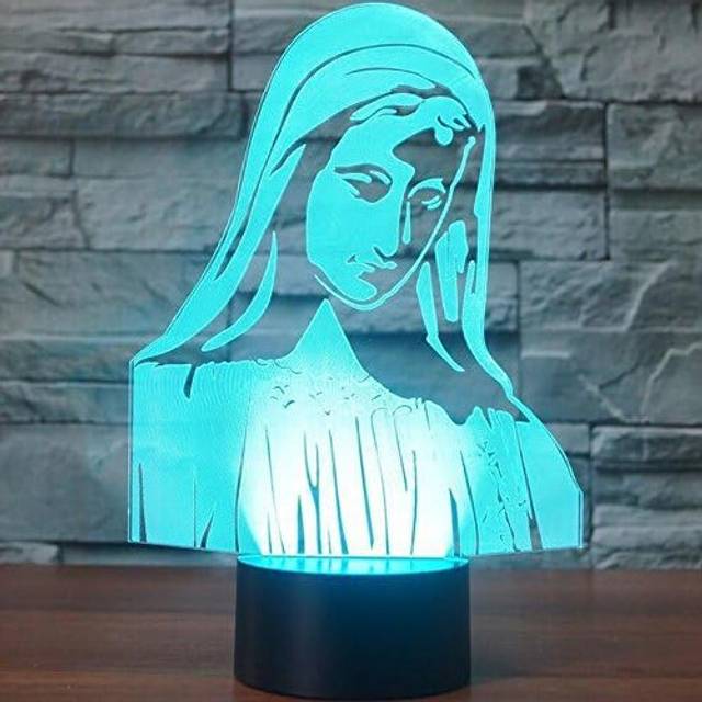 3D The Virgin Mary Night Light Touch Switch 7 Color Change LED Table Desk Lamp Acrylic Flat ABS Base USB Charger Home Decoration Toy Brithday Xmas Kid