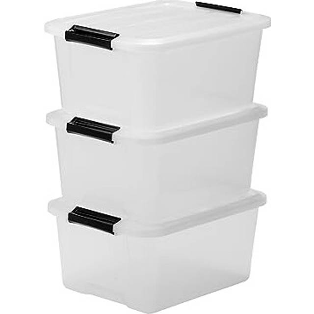 Iris Ohyama, Plastic storage boxes with lid and closing clips, 15L, Set of 3, Integrated Handles, Stackable, BPA free, Bedroom, Office, Living room,