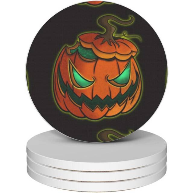 (Spooky Halloween Pumpkin=4506) Ceramic Coasters Set of 4 Xmas for Drink Wine Beer Bar with Cork Base Housewarming Birthday Christmas Gift