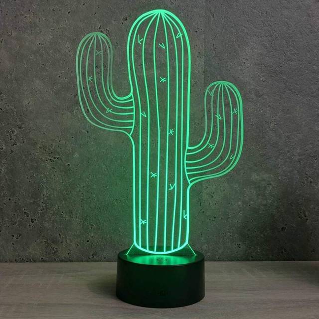 3D Cactus Flower Night Light Lamp Illusion Led 7 Color Changing Touch Switch Table Desk Decoration Lamps Gift with Acrylic Flat ABS Base USB Cab