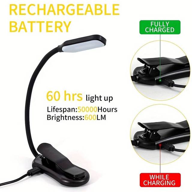 Rechargeable Book Light Mini 7 LED Reading Light 3-Level Warm Cool White Flexible Easy Clip Lamp Read Night Reading Lamp In Bed Black