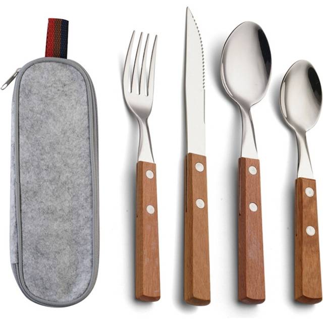 Complete cutlery set Knife, fork, chopsticks and spoon Stainless steel travel fork With wooden handle A