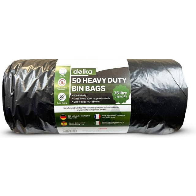 (75 L, 1 count (Pack of 50)) Delka Heavy Duty Black Bin Bags