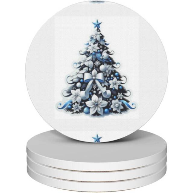 (Blue And White Christmas Tree=5405) Ceramic Coasters Set of 4 Xmas for Drink Wine Beer Bar with Cork Base Housewarming Birthday Christmas Gift