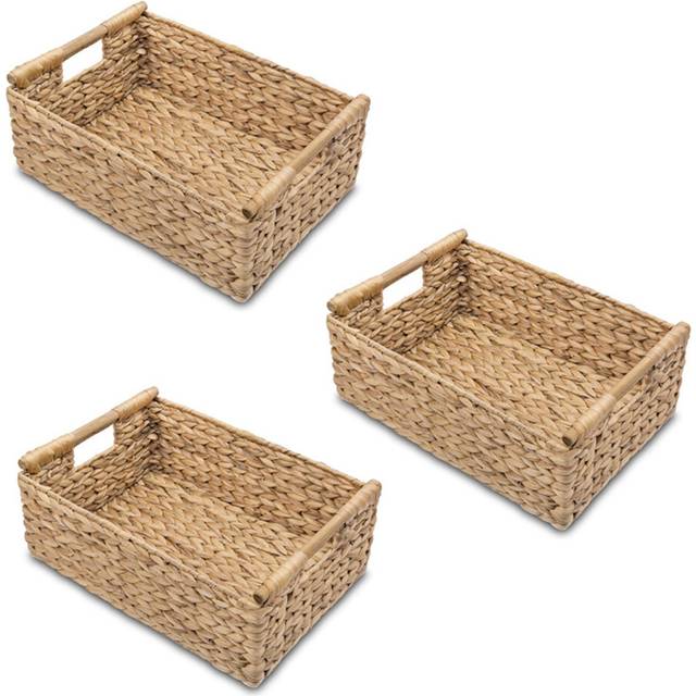 3X Small Wicker Baskets for Organizing Bathroom, Hyacinth Storage, Storage Basket with Wooden Handle