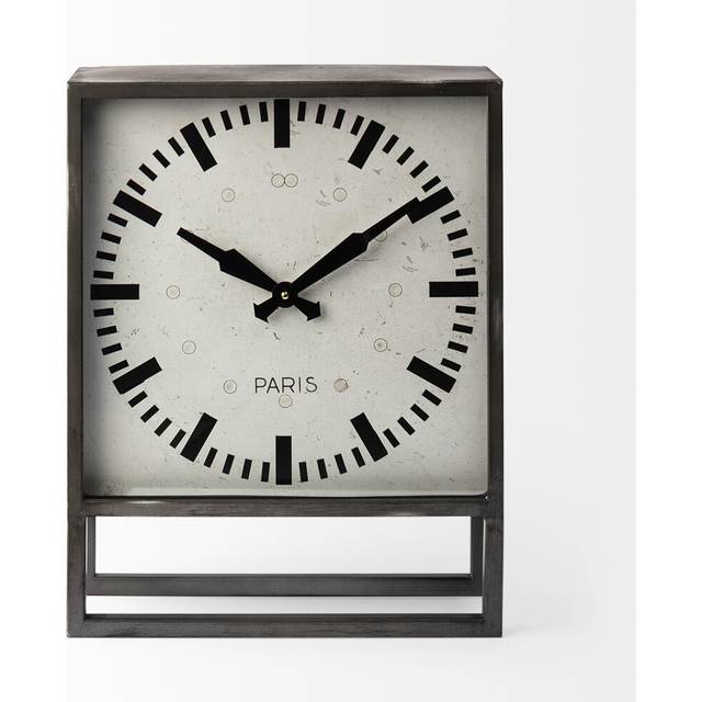 Square Gray Metal Desk  Table Clock With Simple White And Black Face