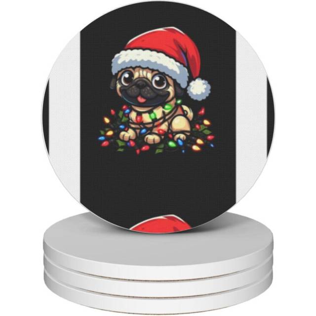 (Pug Dog Christmas Lights=3676) Ceramic Coasters Set of 4 Xmas for Drink Wine Beer Bar with Cork Base Housewarming Birthday Christmas Gift
