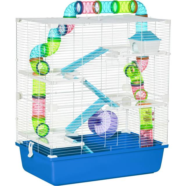 Five-level hamster cage with tubes, water bottle, exercise wheel, ramps - blue