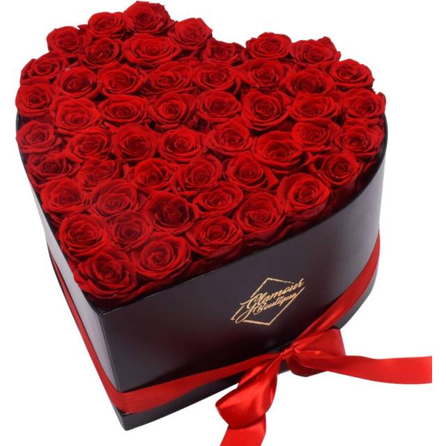 GLAMOUR BOUTIQUE 50Piece Forever Flowers Heart Shape Box  Preserved Roses  Immortal Roses That Last A Year  Eternal Rose Pres