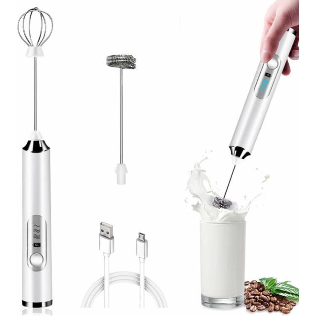 Milk Frother Handheld Electric Whisk Coffee Frother Mixer with 2 Stainless whisks 3 Speed Adjustable Foam Maker Blender -White