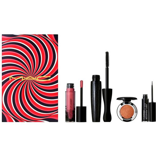 MAC Ace Your Face Look In A Box Neutral Eyes And Lips Set with Patent Paint Lacquer Liquid Lipstick 38 ml, Extreme Dimension 3D Volumizing Mascara Black 13 g, and Liquidlast 24 Hour Waterproof Defining Long Lasting Liquid Eyeliner Black 2