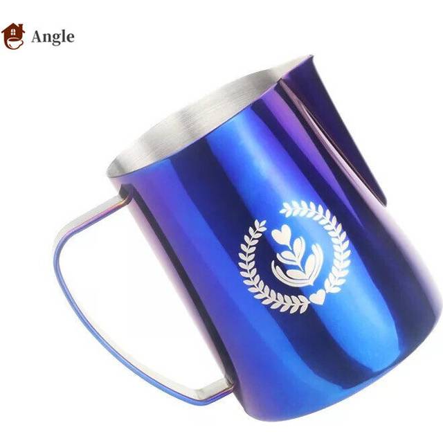 (a-Blue with logo 350ml) 350/600ML 304 Stainless Steel Milk Jug Frothing Pitcher Coffee Milk Frother Latte Art Milk Foam CoffeTools
