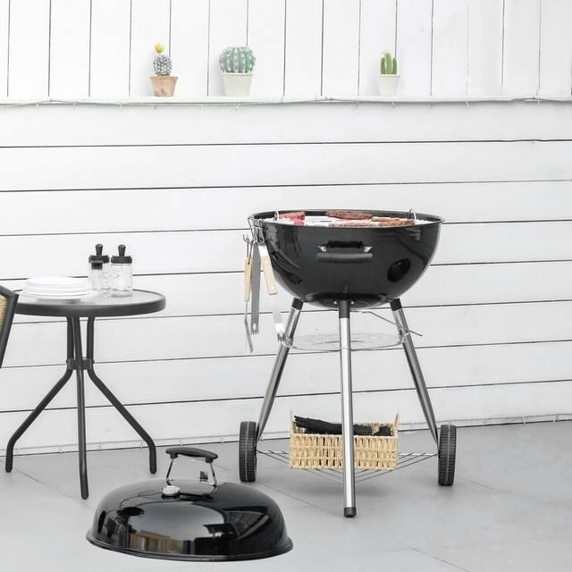 Outsunny Portable Kettle Charcoal Grill BBQ Smoker w/ Cover, Lid, & Thermometer, Black