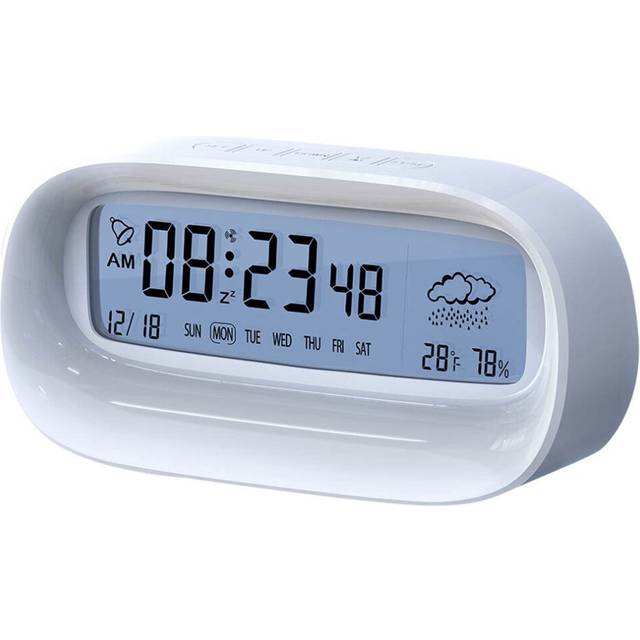 Digital Alarm Clock for Bedrooms,Battery Operated Desk Clock,with Countdown,Weather,Date,Temperature&Humidity White