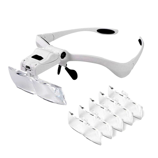 LED Illuminated Headband Magnifier Glass 5-Interchangeable Lens