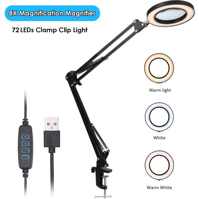 Magnifying Glass Magnifier with LEDs Clamp Clip Light 8X Magnification 10 Levels Adjustable white