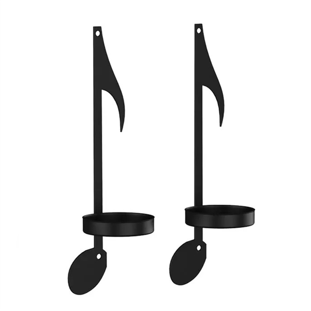 2Pc Music Note Candle Holder Black Wall Sconce