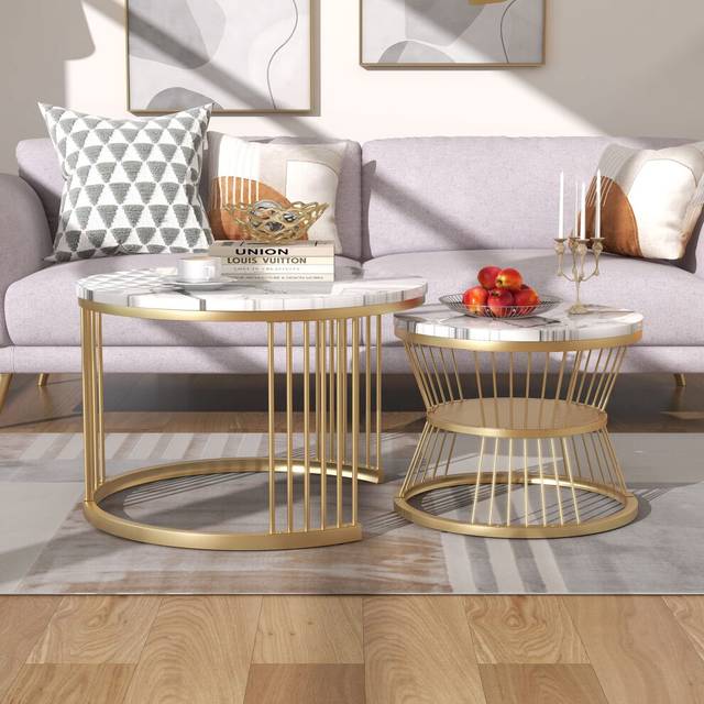 ModernLuxe Round Coffee Tables, Removable Set of 2 End Table with Gold Metal Frame Legs and Marble Pattern Top for Versatile Use in Living Room,