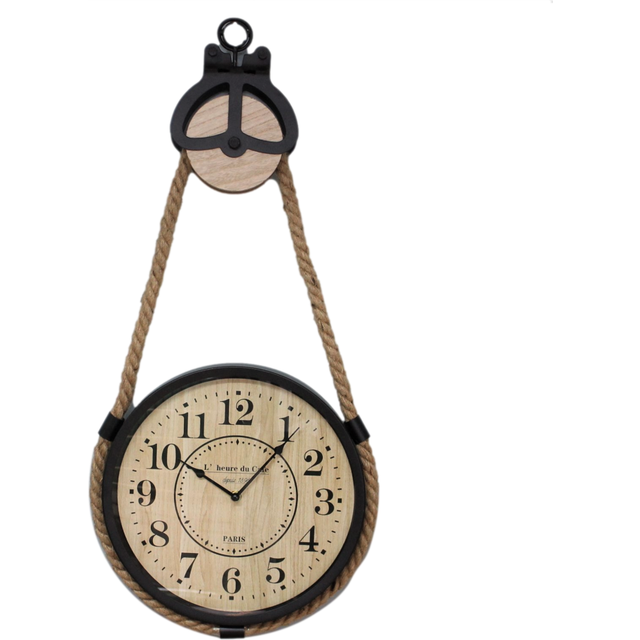Hanging Wall Clock Iron Framed Wooden Round Industrial Pulley & Rope Quartz 33cm