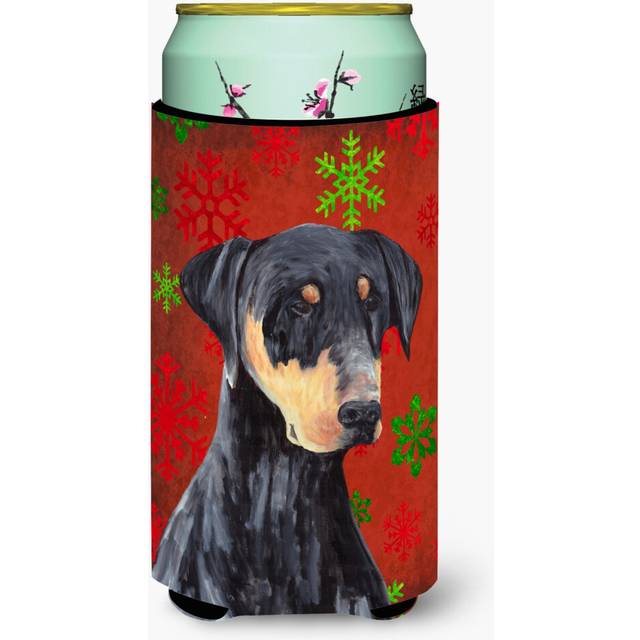 Doberman Red and Green Snowflakes Holiday Christmas  Tall Boy Beverage Insulator Beverage Insulator Hugger