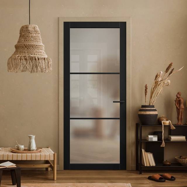 Liberty Doors Black Internal Fully Finished 3 Light Obscure Glass Industrial Studio Door (124155) Size (Height x Width x Thickness): 1981x838x35mm (78