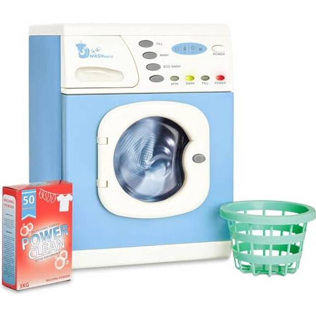 Casdon Blue Electronic Washer. Toy Washing Machine with Spinning Drum, Lights, and Sound Effects. Includes Laundry Basket and Washing Powder Box.